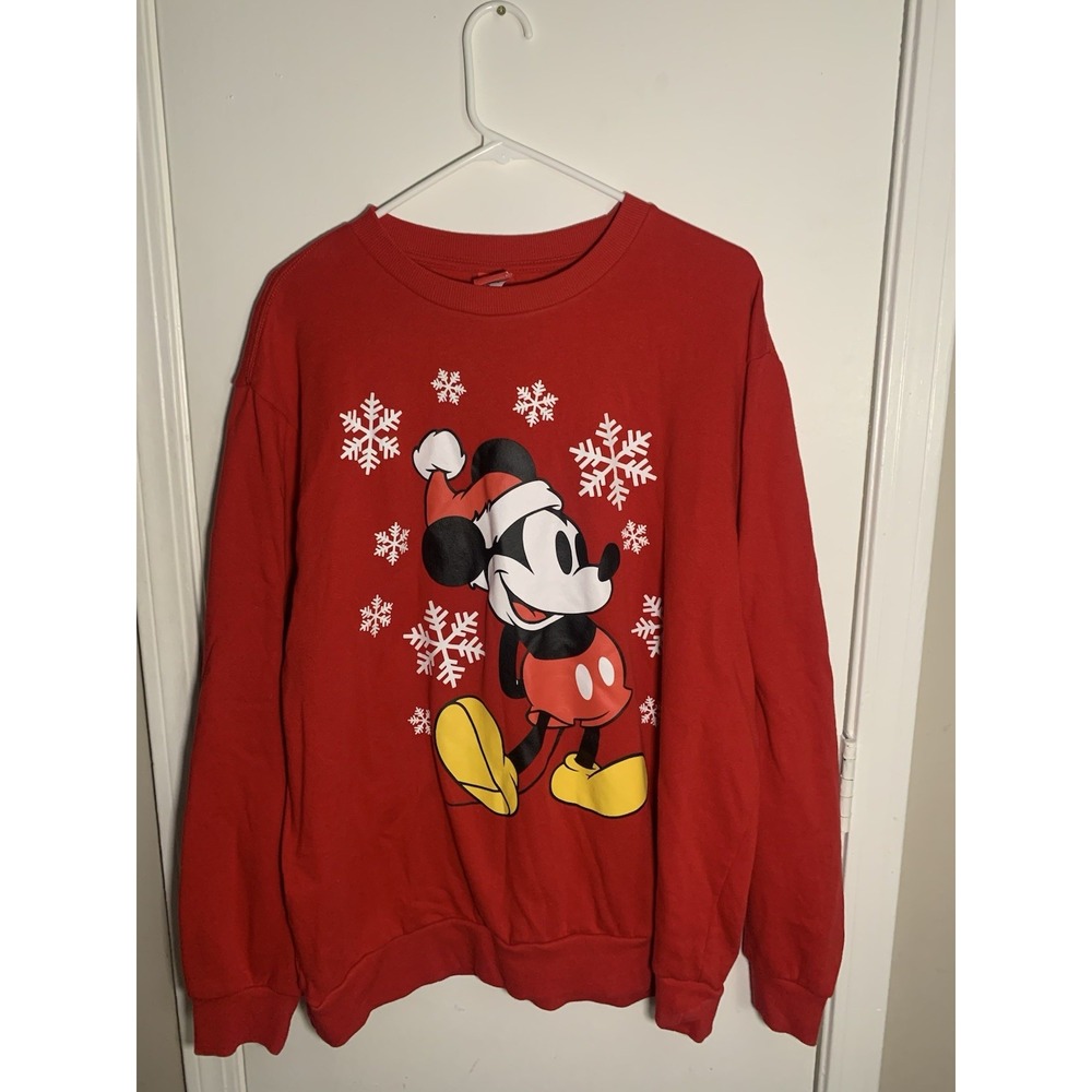 Disney Mickey Mouse Christmas Sweatshirt Red Santa Hat Snowflake XL GT2DNY6278